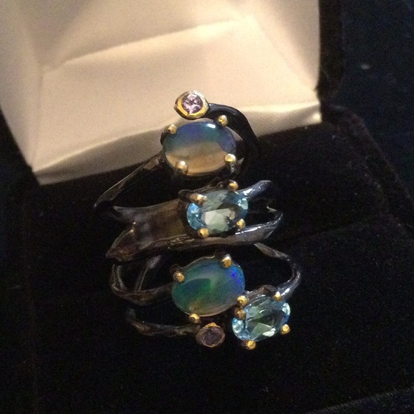Genuine Opals & Blue Topaz Ring - Picture 5 of 14